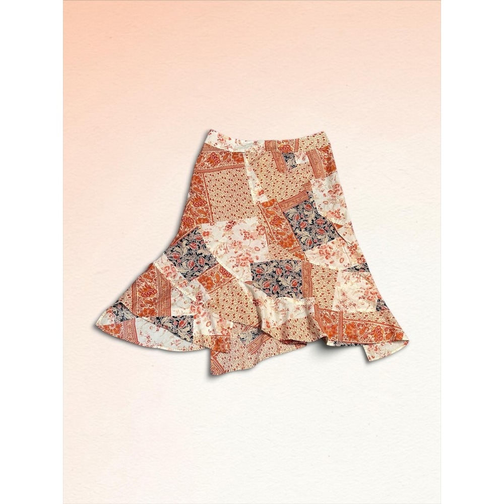 F.L. Malik Patchwork Midi Skirt Womens 8 Orange Floral Paisley Boho